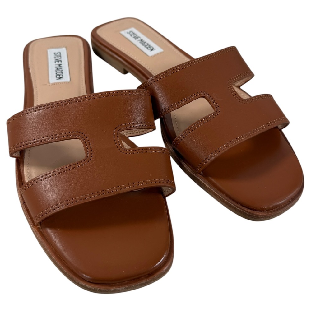 Steve Madden Hazel Cognac Brown Leather H-Band Flat Slide Sandals Womens 8M